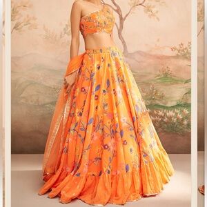 Orange Floral Printed Lehenga